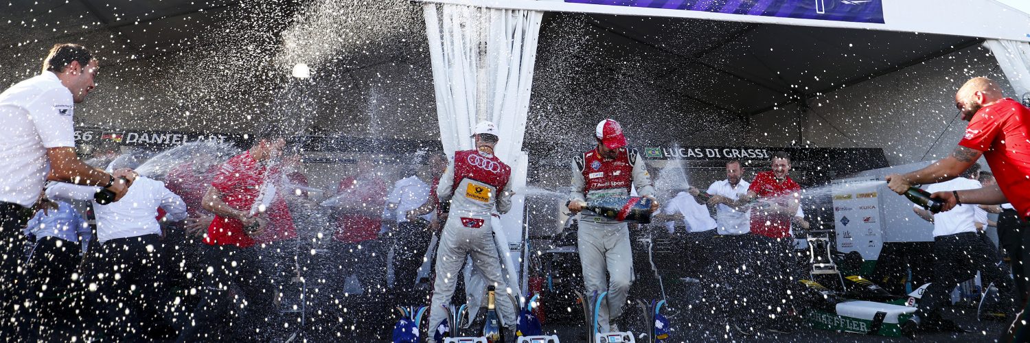 Lucas Di Grassi and Daniel Abt Celebrate with Audi team.