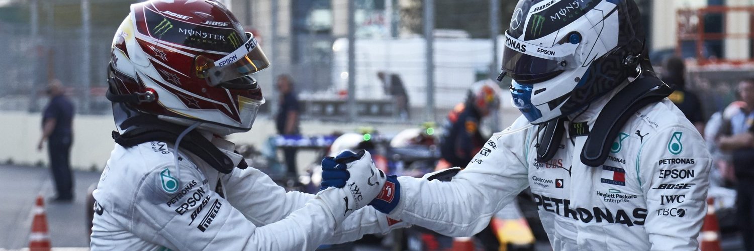 Lewis Hamilton congratulates Mercedes teammate Valtteri Bottas
