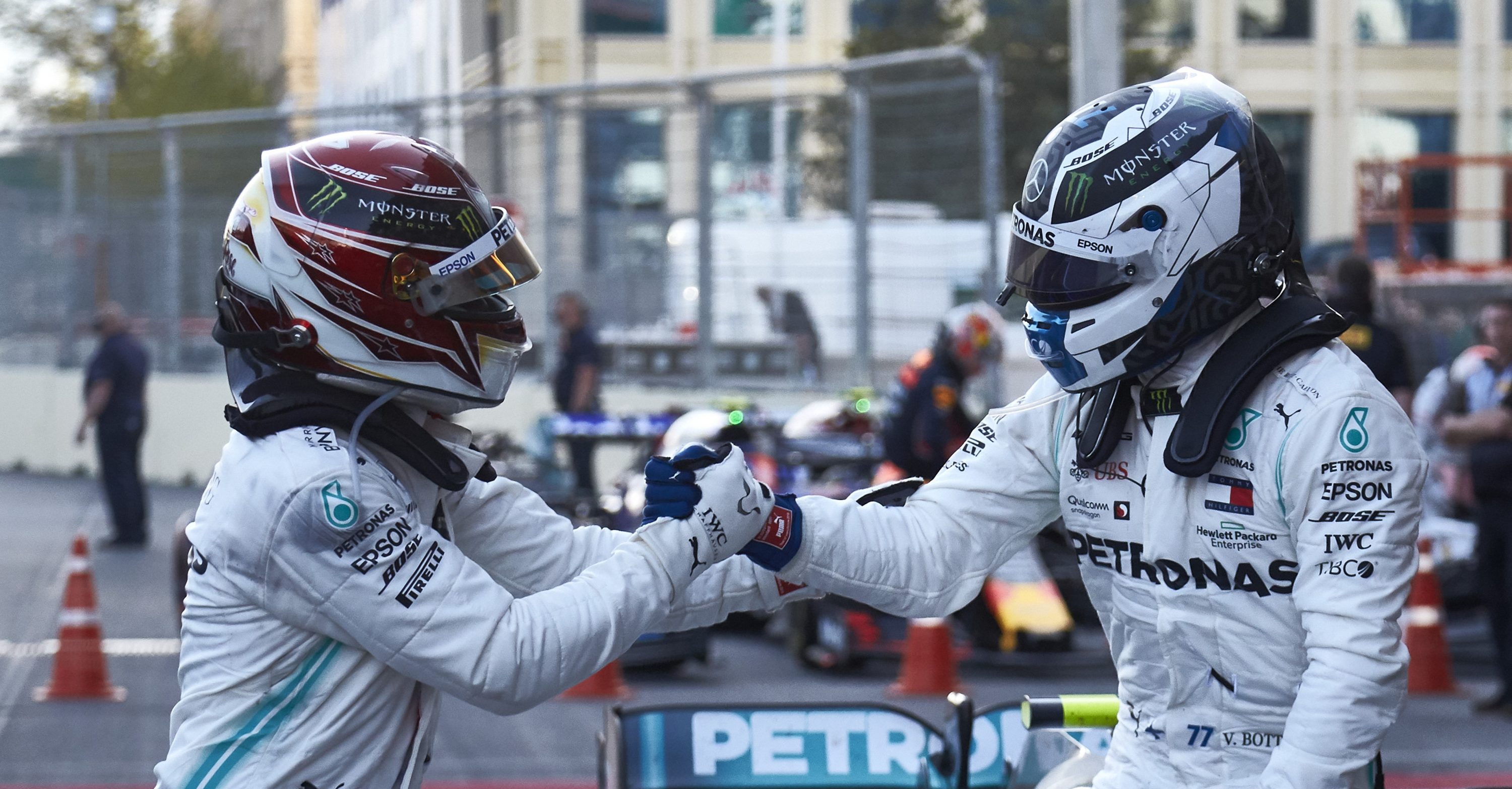 Lewis Hamilton congratulates Mercedes teammate Valtteri Bottas